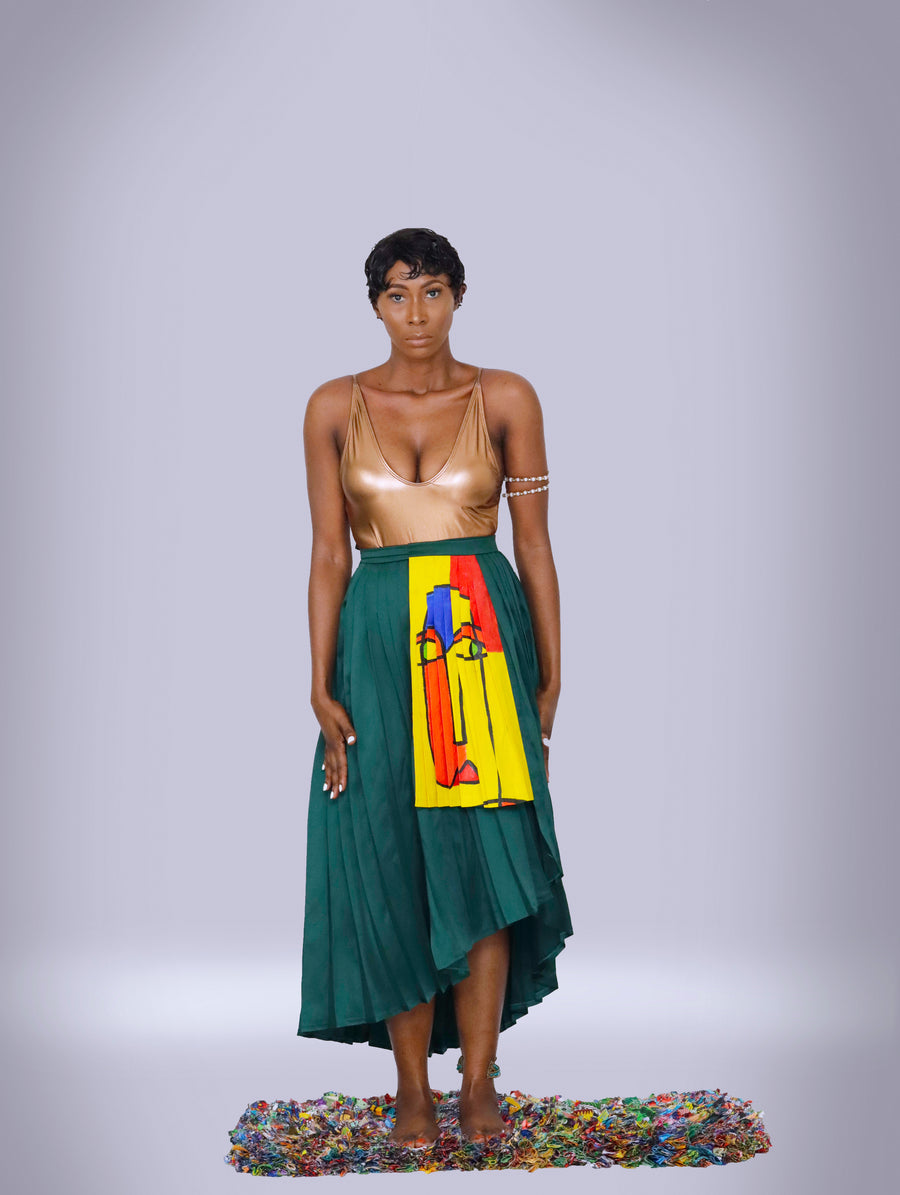 PLEATED FULL WRAP SKIRT WITH YELLOW HAND PAINTED ART ADM Projects