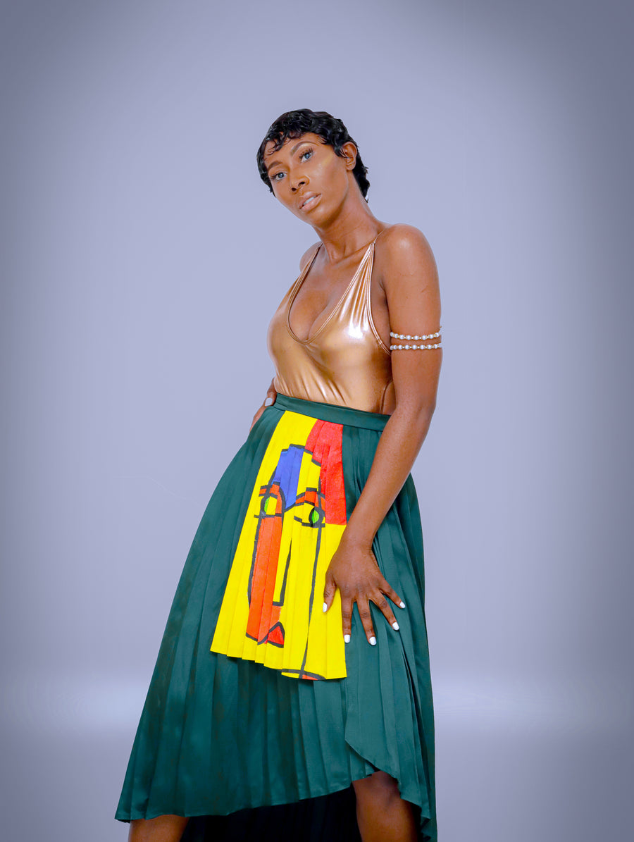 PLEATED FULL WRAP SKIRT WITH YELLOW HAND PAINTED ART ADM Projects